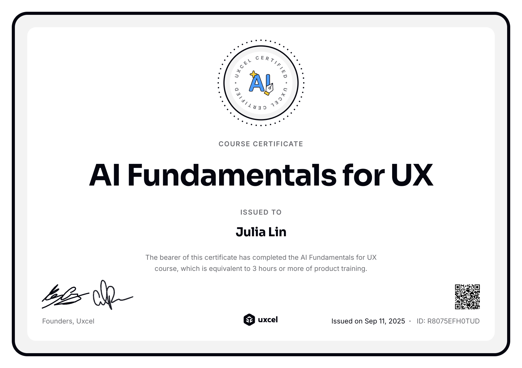 Julia Lin's certificate